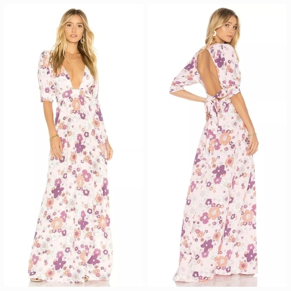For Love & Lemons Magnolia Maxi Dress In 70’s Pink Floral Print Size XS Fits S - Picture 3 of 13